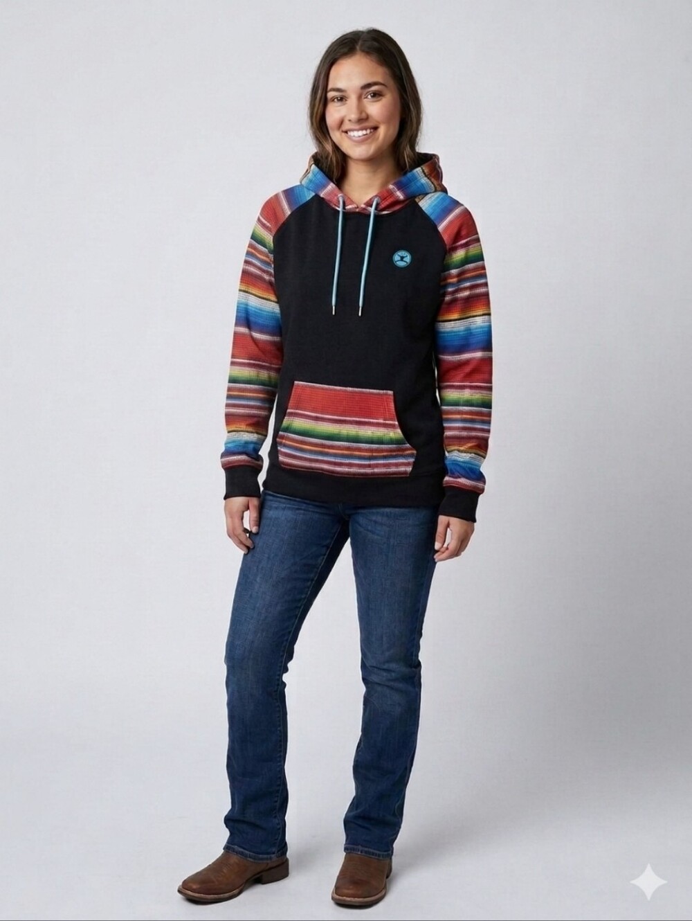 NEW Hooey Tijuana Ladies Black Hoodie Aztec Serape Stripe Raglan Pullover Size L